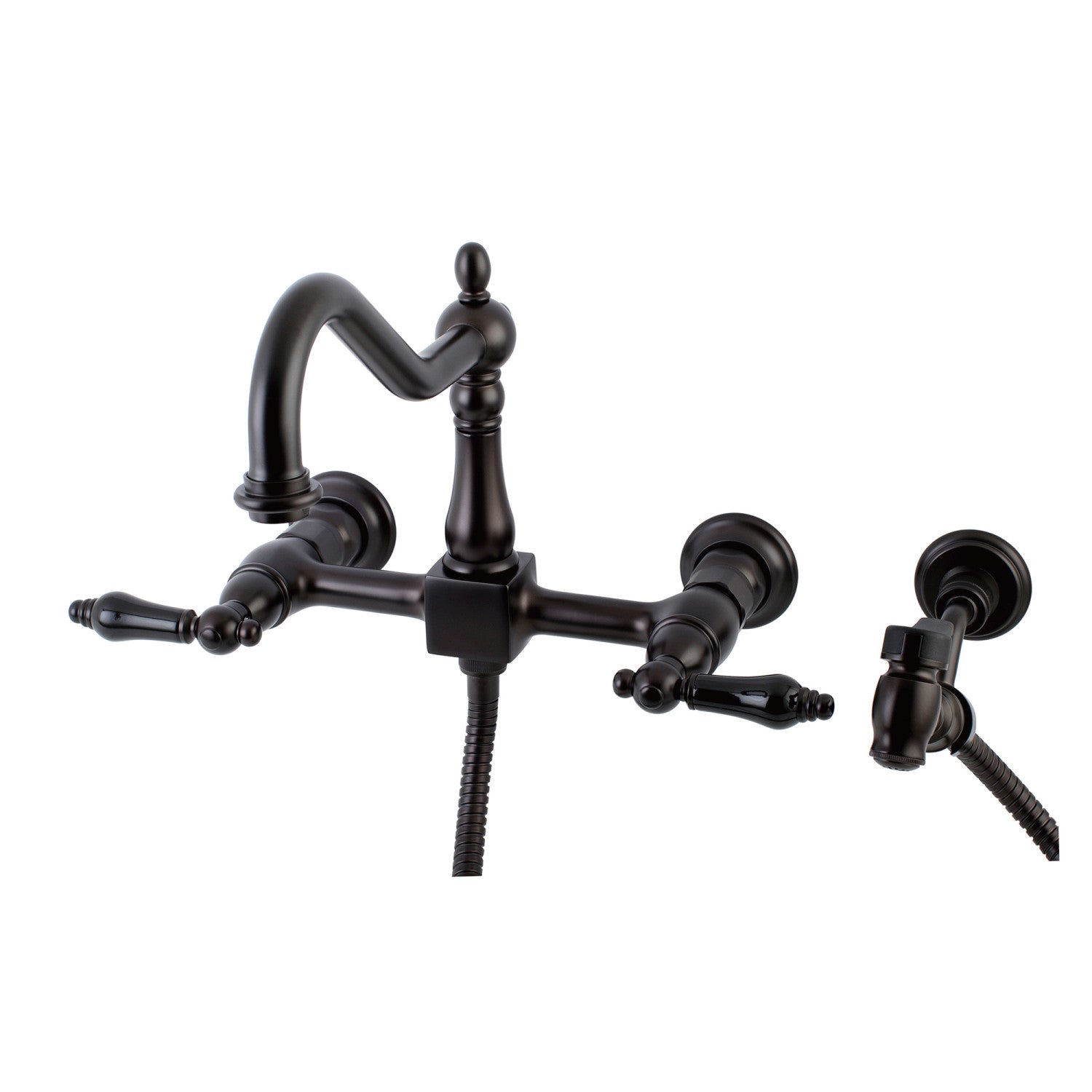 Kingston Heirloom KS1245PKLBS - Duchess Two-Handle 3-Hole Wall Mount Bridge Kitchen Faucet with Brass Sprayer, Oil Rubbed Bronze — image 1